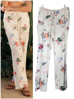 Cai1850 Printed Linen Blend Pull On Pants -Multi Sea Life Womens Medium Pockets